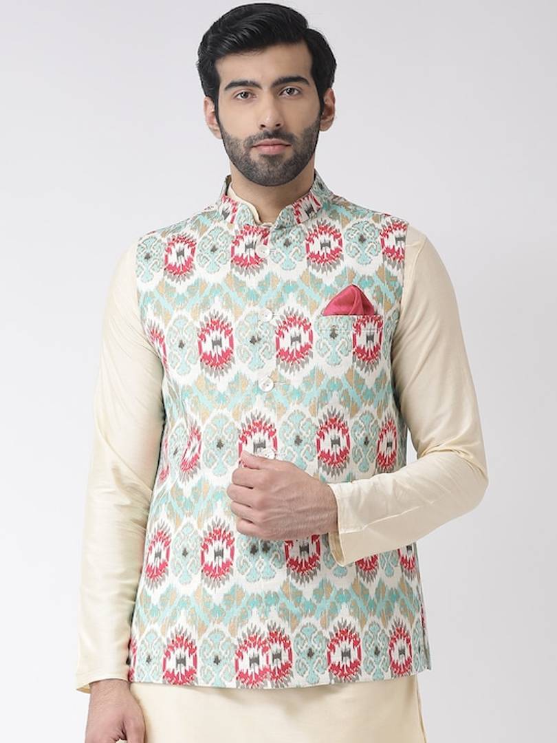 Men's Turquoise Cotton
 Printed Nehru Jackets
